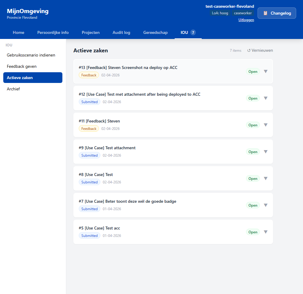 Screenshot: IOU tab Actieve zaken list showing expandable cards with issue title, status, and parsed markdown sections for Beschrijving and Gewenst resultaat
