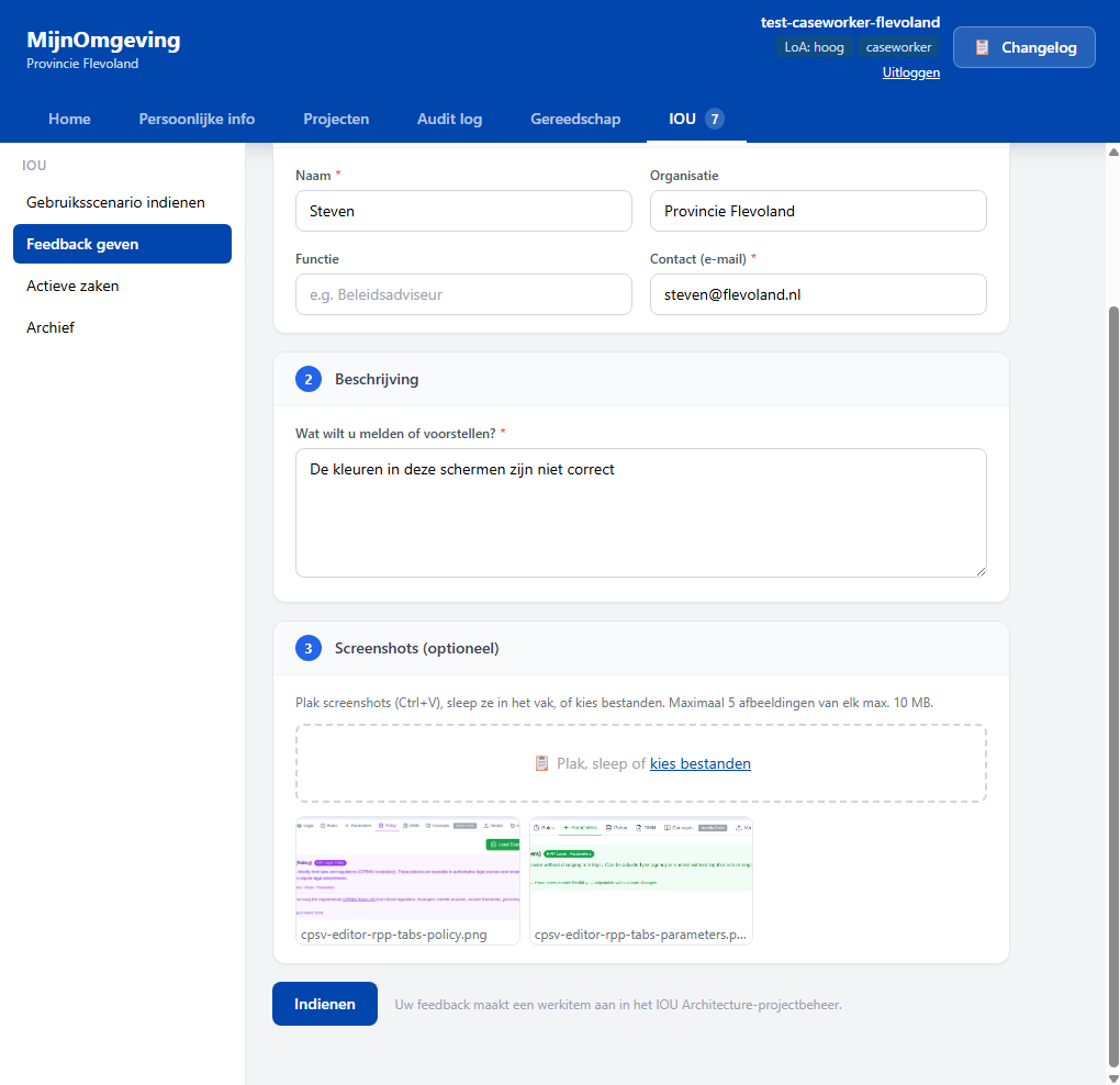 IOU tab: Feedback geven form with screenshot upload area showing drag-and-drop zone