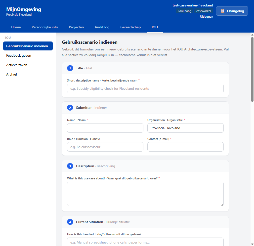 Screenshot: IOU tab showing the Gebruiksscenario indienen form with the 10-section card layout and Provincie Flevoland pre-filled in the organisation field