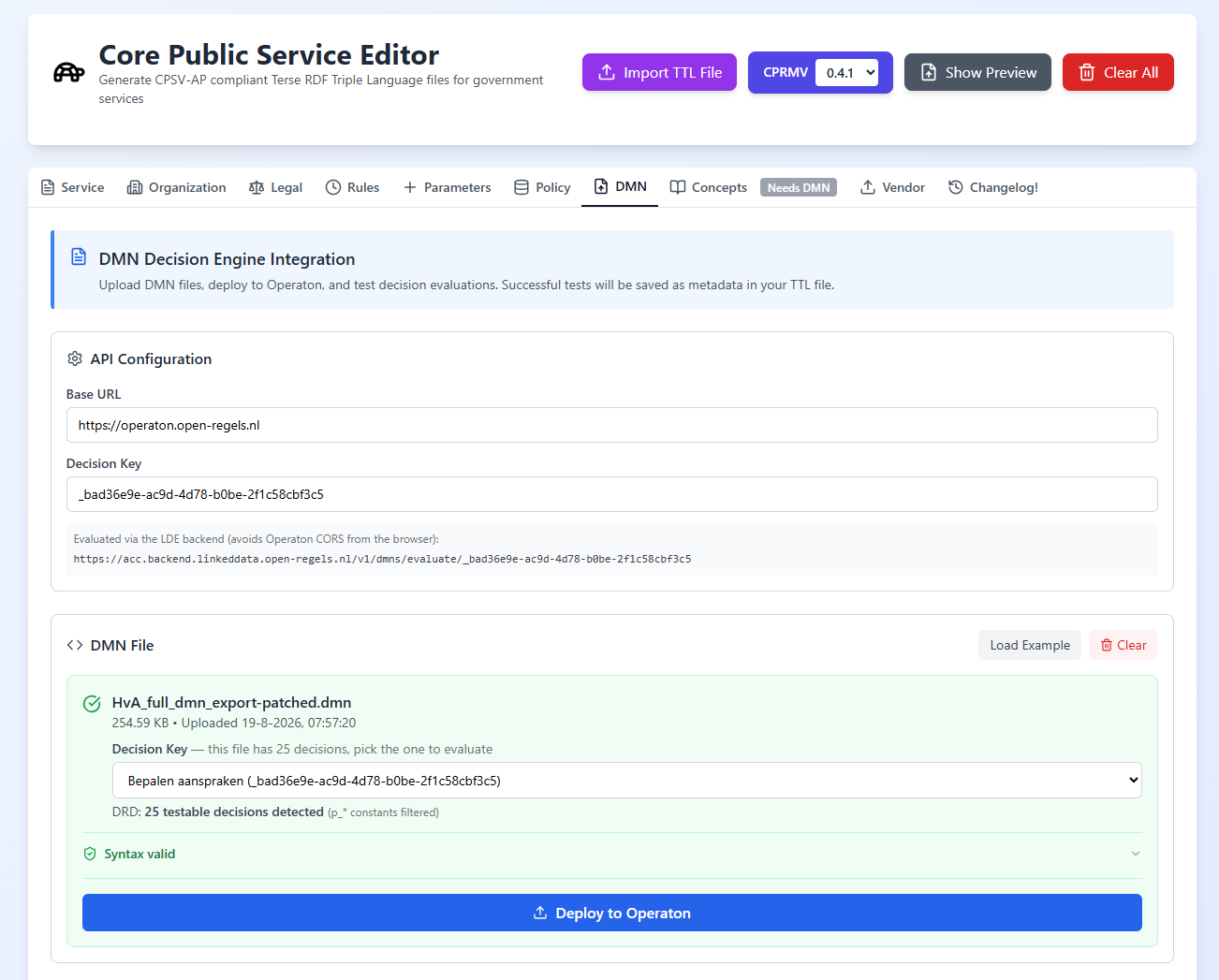 Screenshot: API Configuration panel showing the Base URL and the Evaluation URL preview pointing at the Linked Data Explorer backend