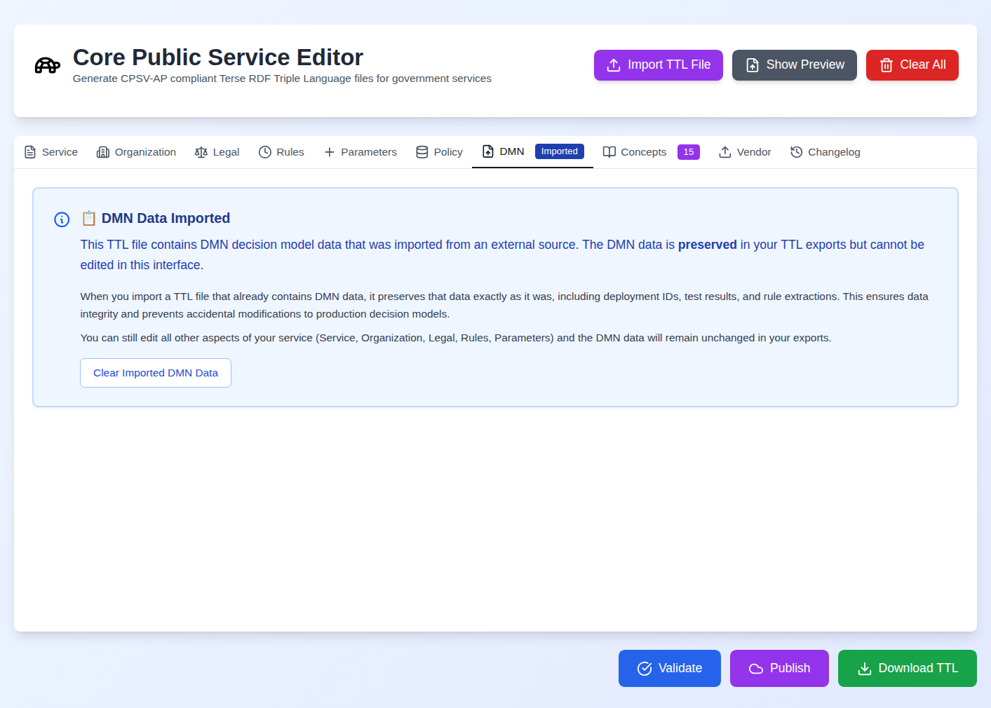 Screenshot: DMN tab showing the blue "DMN data imported" notice with the preserved block summary and the "Clear Imported DMN Data" button