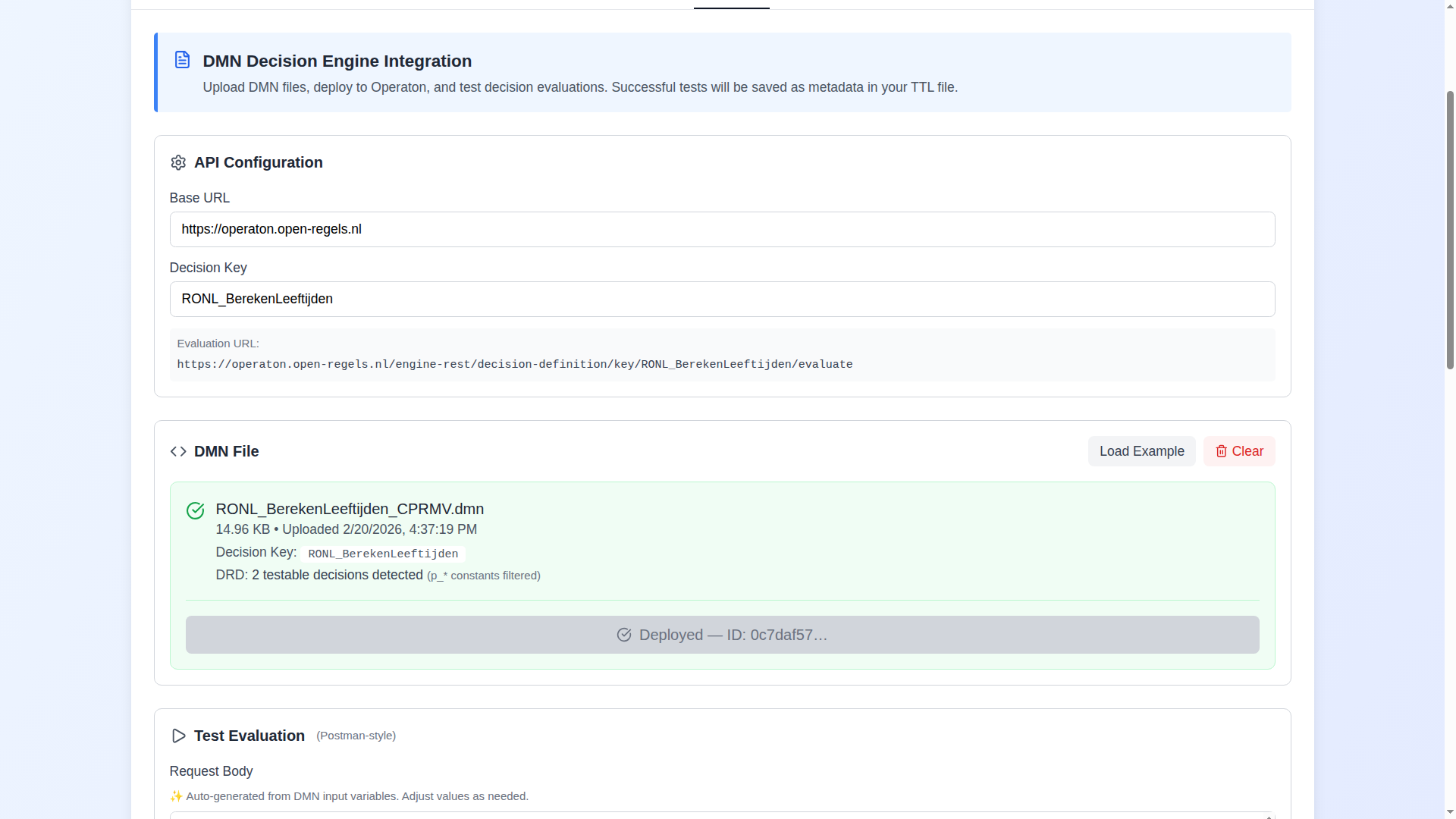 Screenshot: DMN tab showing a deployed decision model with deployment ID, the test request body, and intermediate decision test results