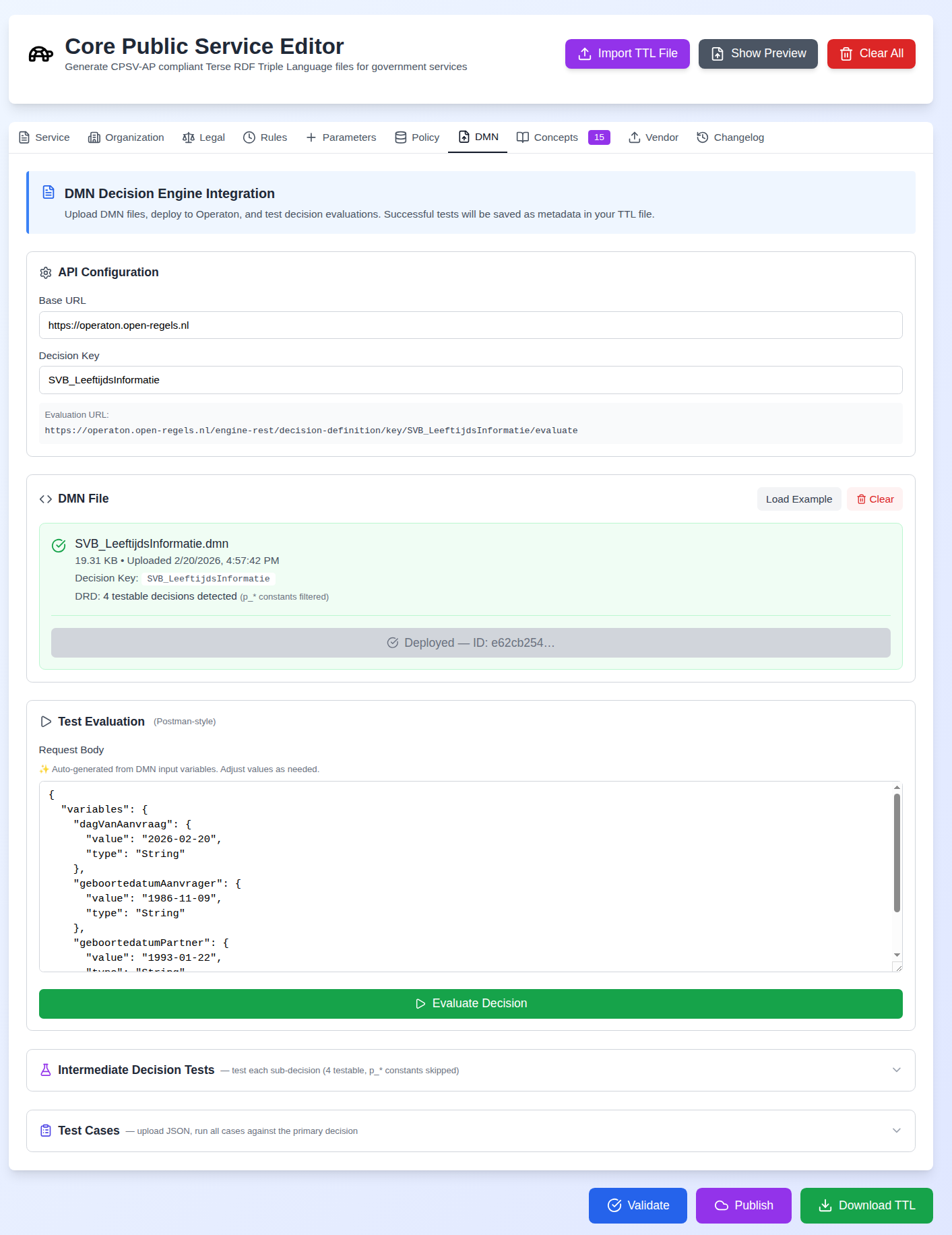 Screenshot: DMN tab after file upload showing the file card with decision count badge, the auto-populated Decision Key field, and the auto-generated request body