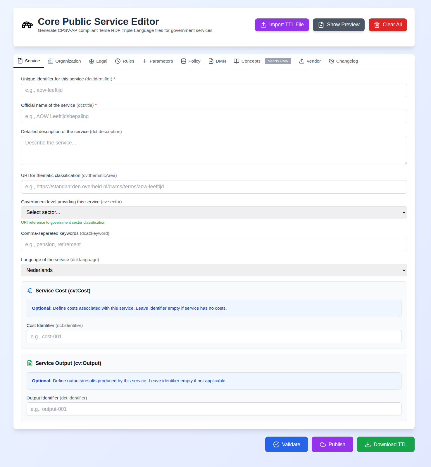 Screenshot: The editor in its initial empty state showing the tab navigation and the Service tab with empty fields and the Validate and Download TTL buttons visible