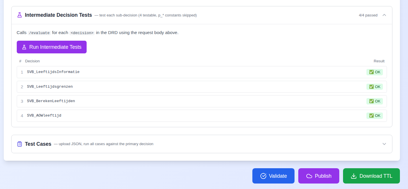Screenshot: Intermediate Decision Tests section expanded showing a table of 12 decisions with ✅ OK results next to each row and a run button at the top