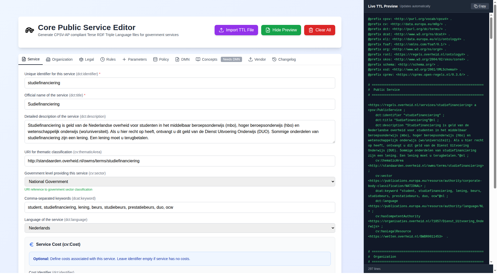 Screenshot: CPSV Editor main UI showing the split-screen layout with the Service tab active on the left and the live TTL preview panel on the right