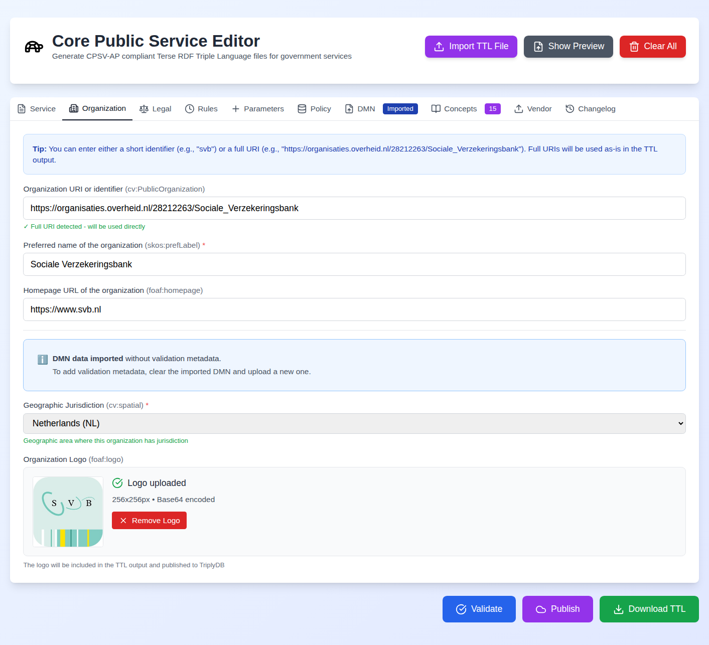 Screenshot: Organisation tab showing the identifier field, name, spatial jurisdiction dropdown, and the logo upload area with a preview of an uploaded logo