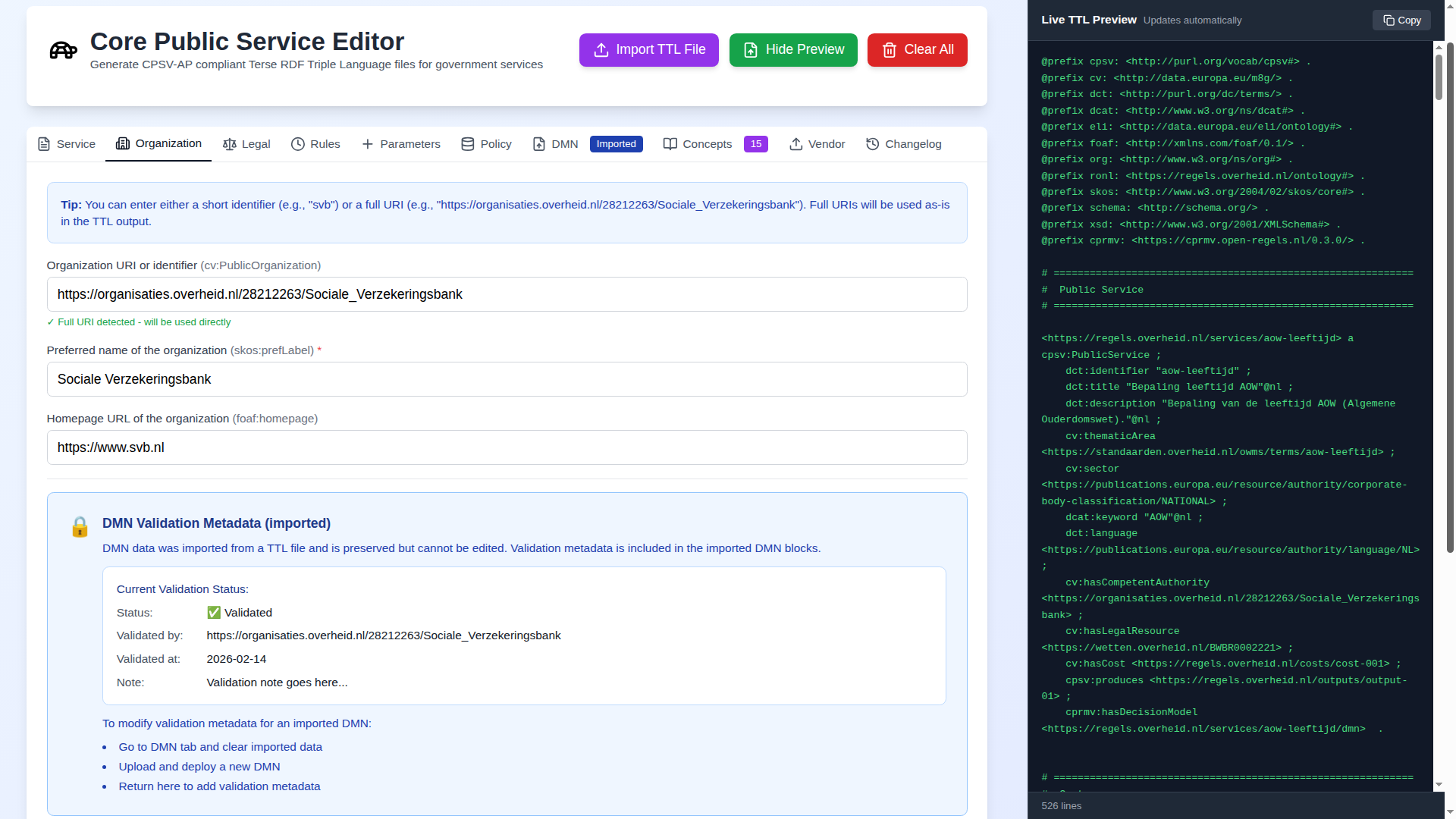 Screenshot: Split-screen layout with the Organization tab active on the left and the live TTL preview panel showing the generated Turtle on the right, with the line count visible at the bottom of the preview
