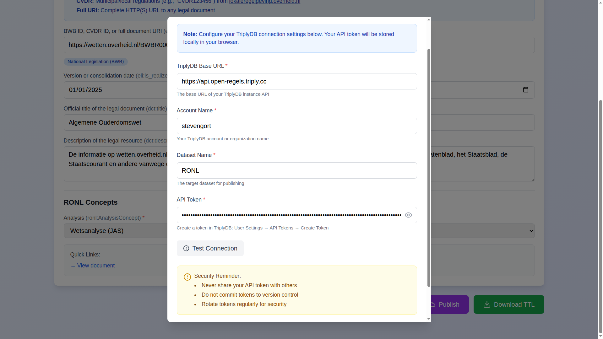 Screenshot: The publish dialog showing the credentials form with Base URL, Account, Dataset, and API Token fields, with the "Test Connection" and "Publish to TriplyDB" buttons visible