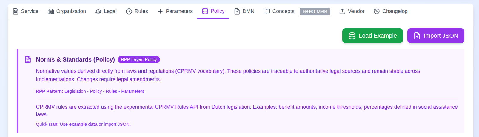 Screenshot: Tab navigation bar showing the CPRMV/Policy (purple) with RPP layer badges
