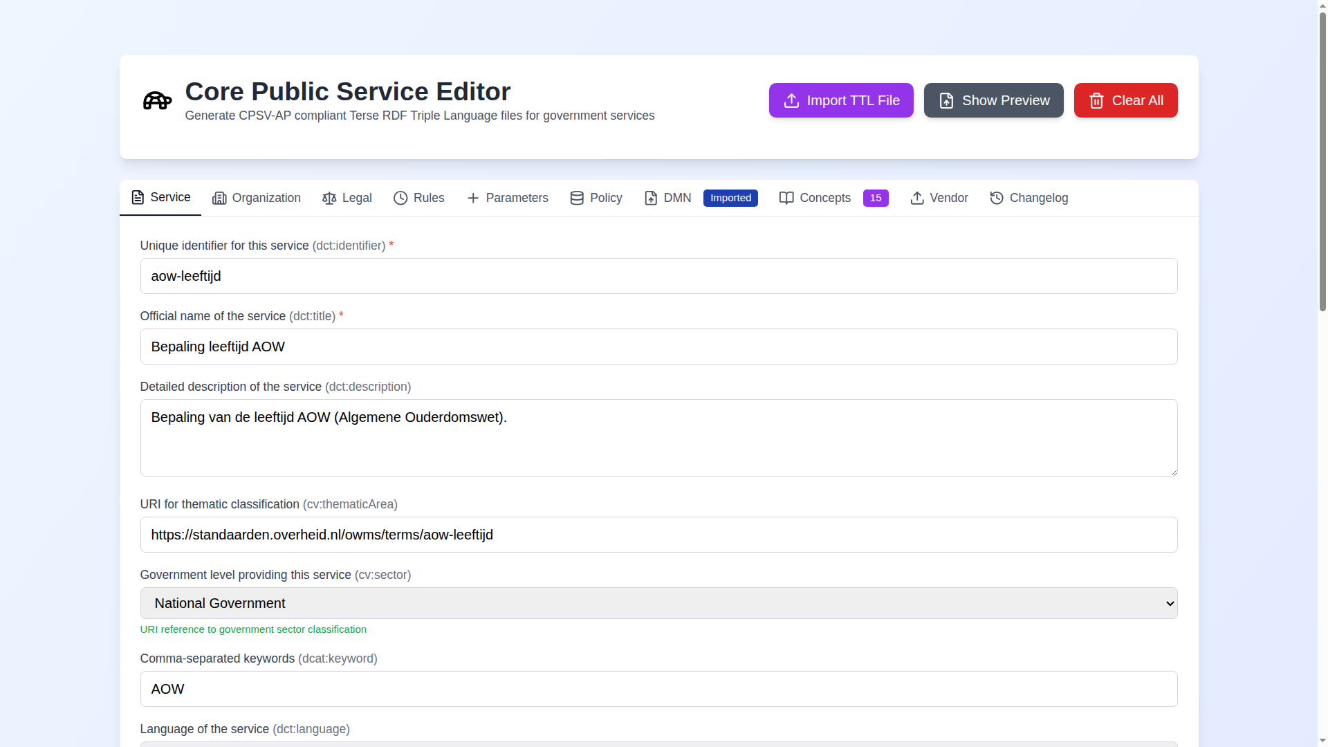 Screenshot: Service tab showing the identifier, title, description, and sector fields with an example service filled in