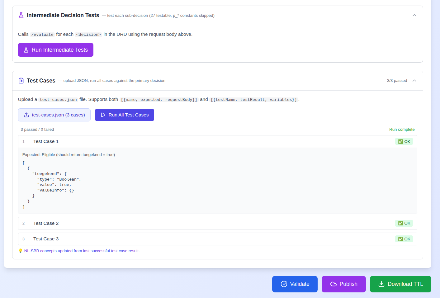 Screenshot: Test Cases section showing the pass/fail counter at the top (4/4 passed) and four test case rows each with a ✅ badge and the expected outcome text