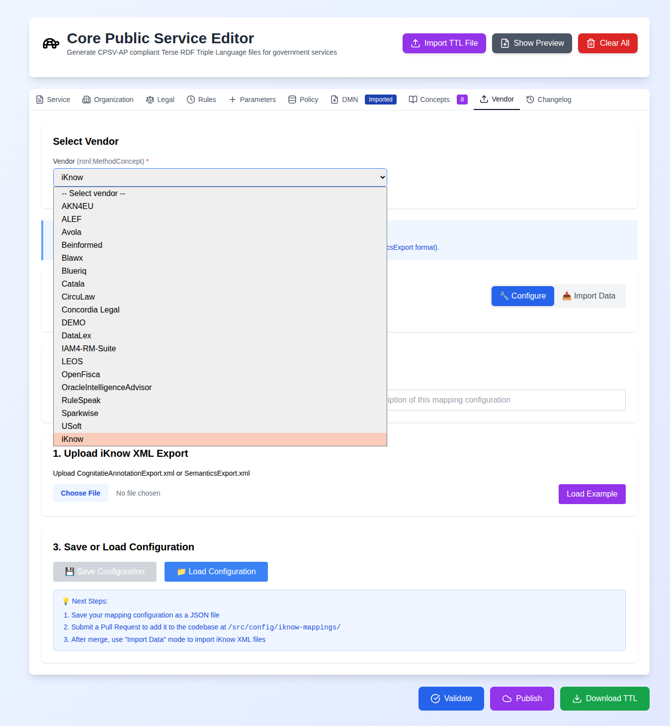 Screenshot: Vendor tab showing the vendor dropdown open with several vendor options listed, and the Blueriq form visible below with contact and technical information fields