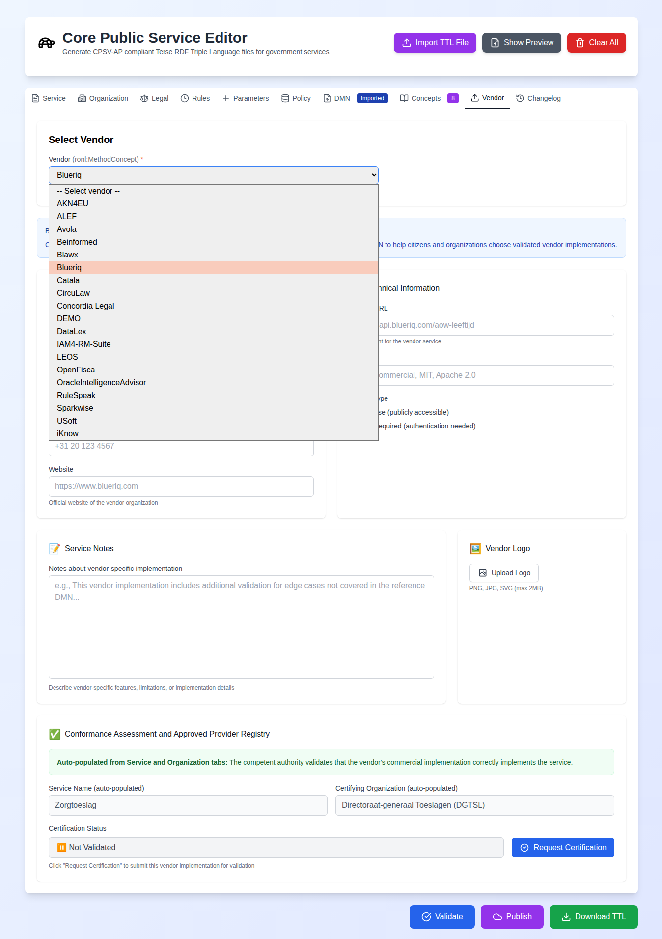Screenshot: Vendor tab showing the vendor dropdown with a vendor selected, the contact and technical information form, and the certification status section