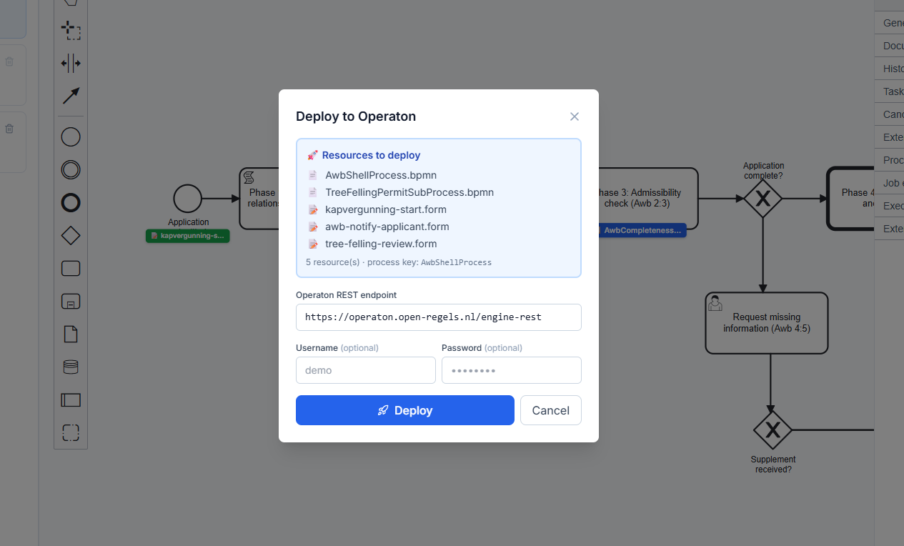 Screenshot: Deploy modal showing the bundled resources list — main BPMN, two subprocess BPMNs, and three .form files — with the Operaton endpoint field and Deploy button