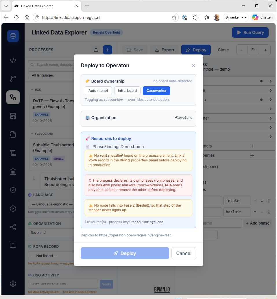 Screenshot: Deploy modal with a red finding that the process declares its own phases and also has Awb phase markers, an amber phase warning below it, and the Deploy button disabled