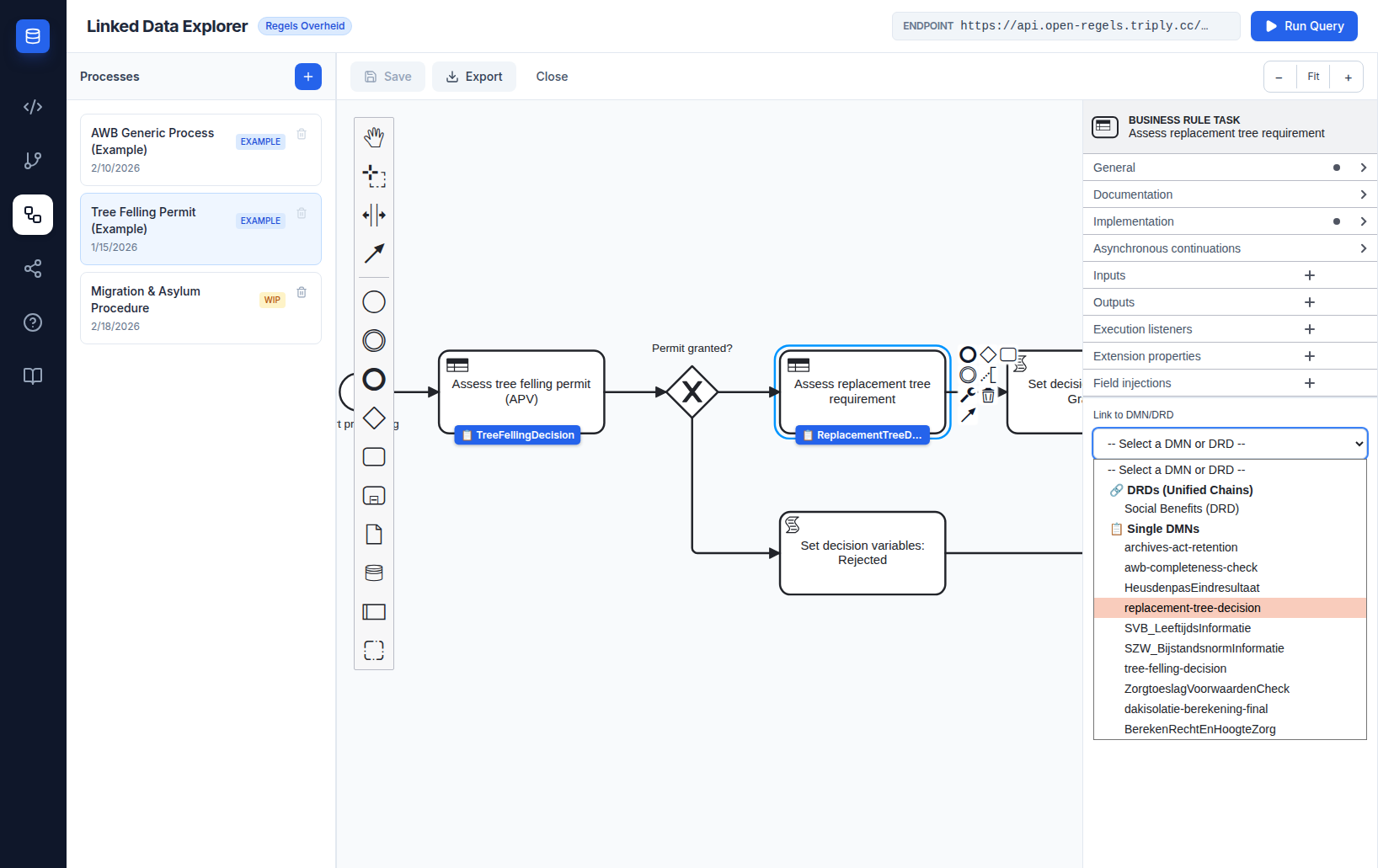 Screenshot: BPMN properties panel with the Link to DMN/DRD dropdown open showing DRD and single DMN options