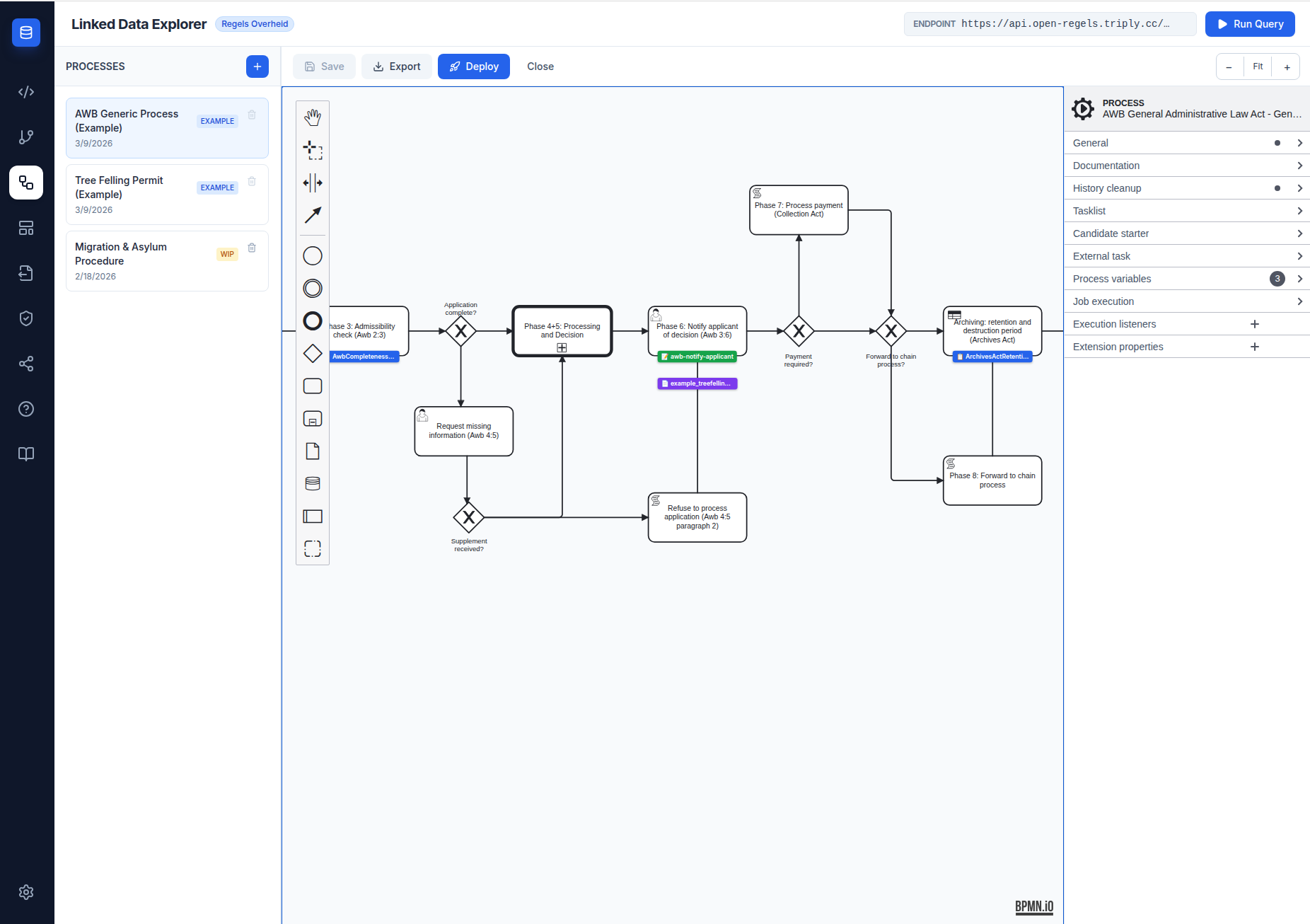 Screenshot: BPMN properties panel for a UserTask showing the Link decision template dropdown with the Kapvergunning Beschikking template selected, and the purple info card below confirming the selection