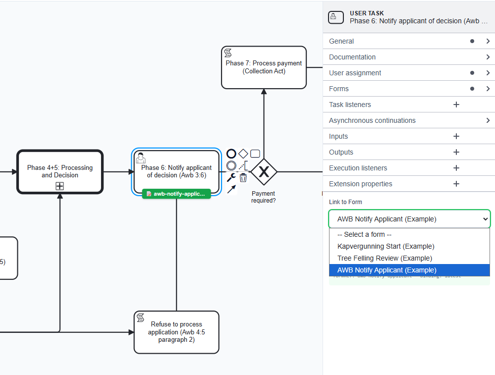 Screenshot: BPMN properties panel open for a UserTask showing the Link to Form dropdown with a list of available forms