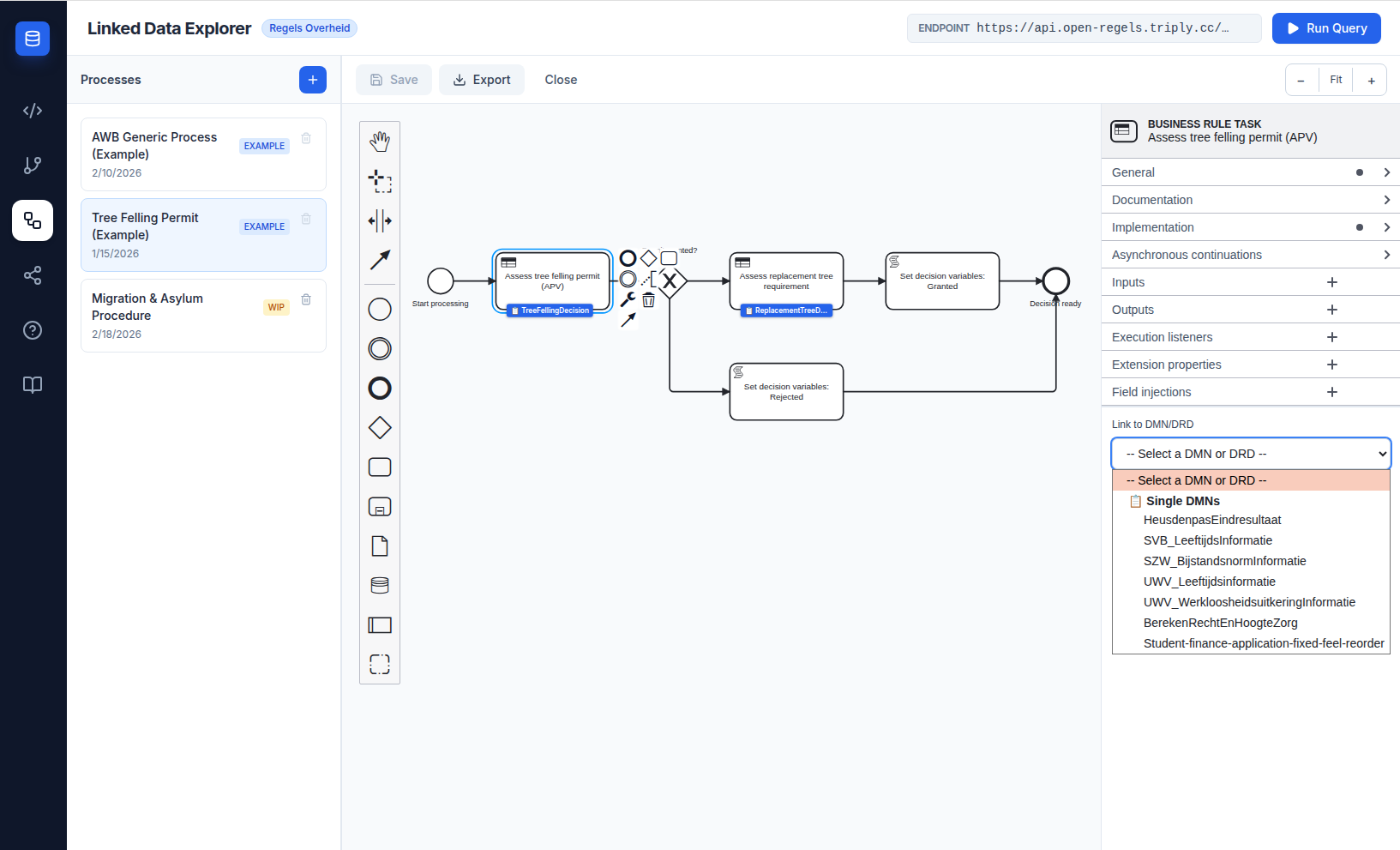 Screenshot: BPMN Modeler showing the Tree Felling Permit example with properties panel open