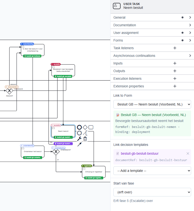 Screenshot: properties panel of a selected task under Start van fase, the select reading (erft over), and below it the line saying which phase the task inherits