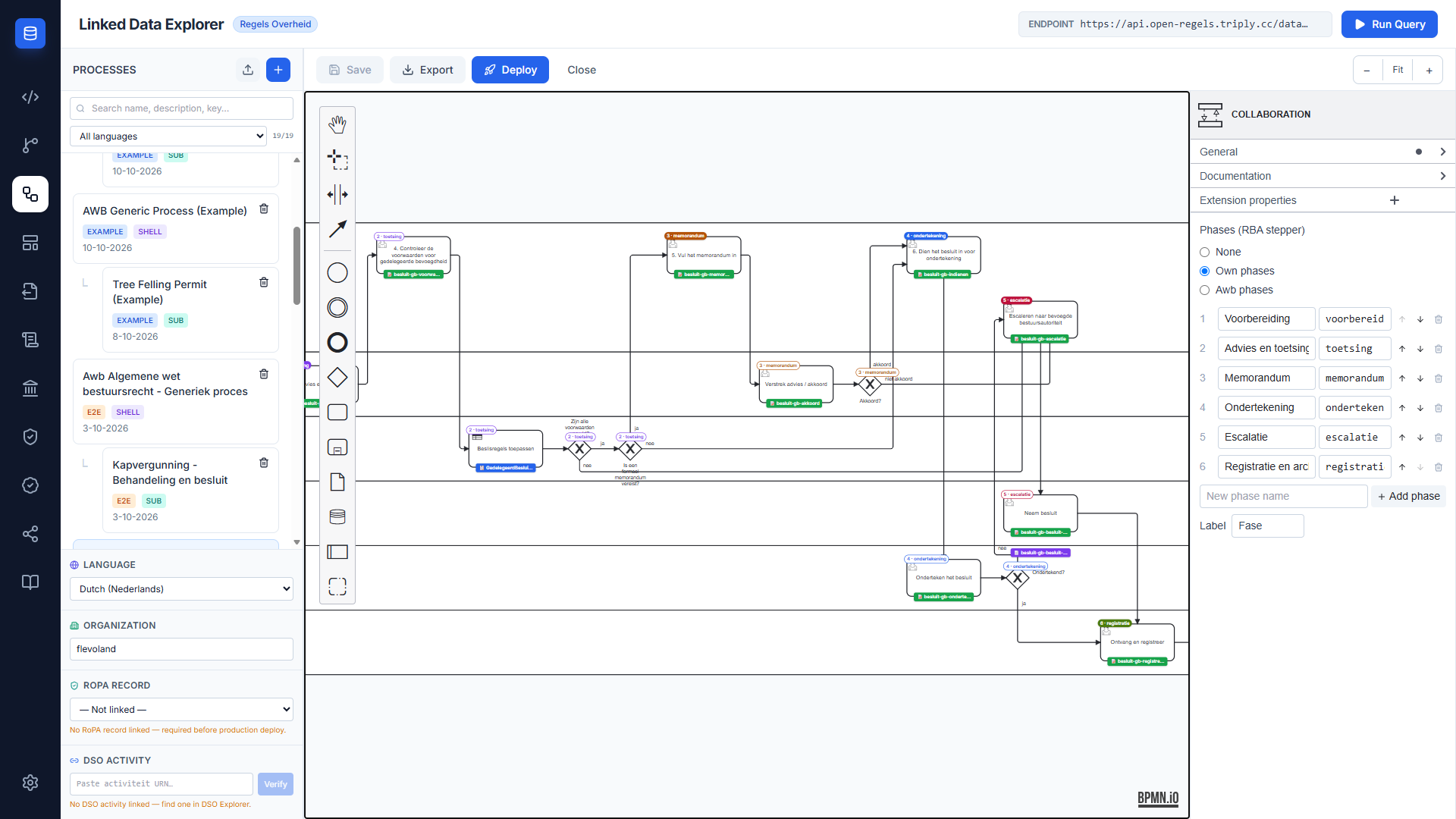 Screenshot: properties panel of a selected process under Phases (RBA stepper), with Own phases chosen, a numbered list of phases each with its name, its code, move-up and move-down arrows and a remove button, the New phase name field with Add phase, and the Label field