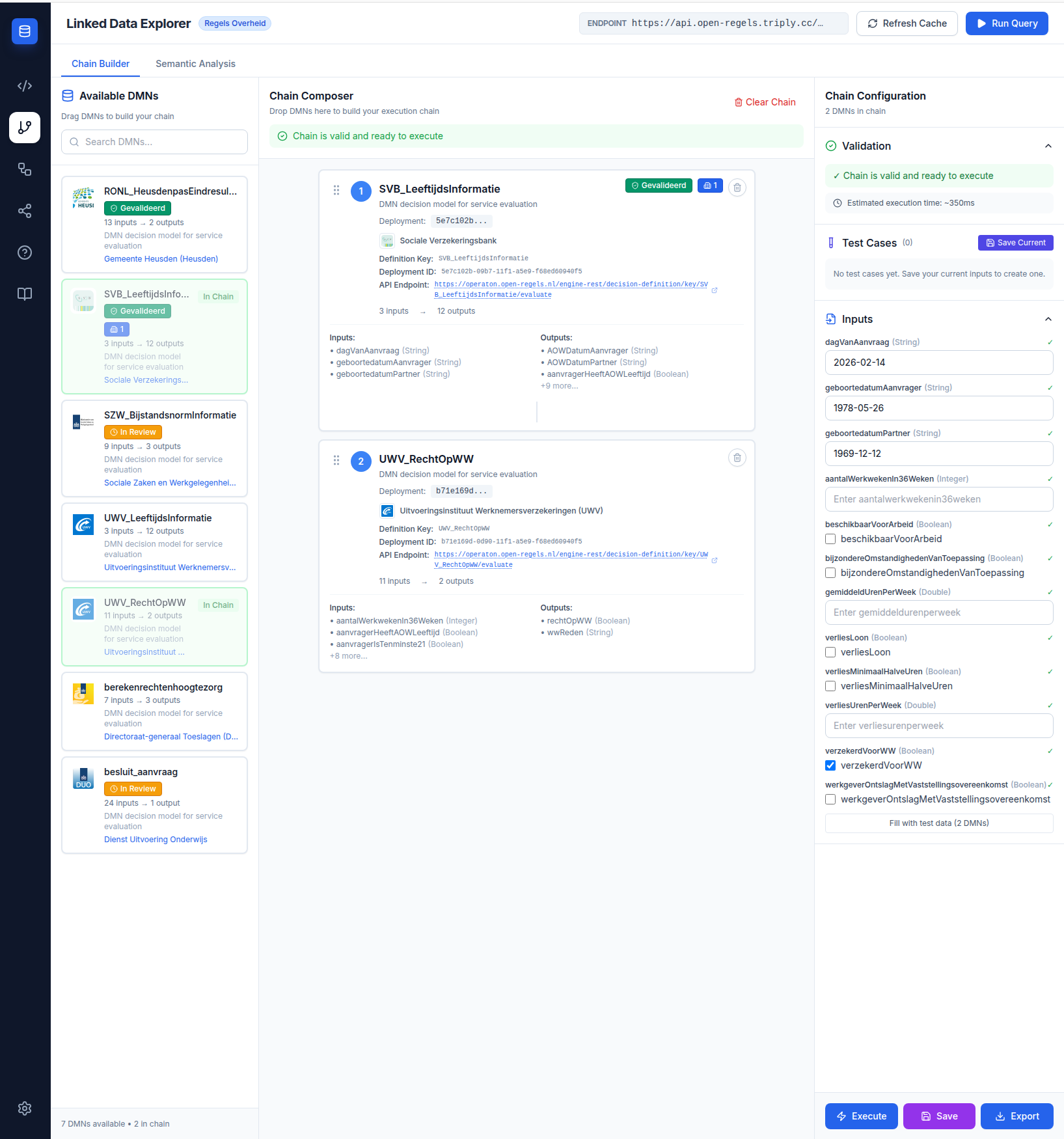 Screenshot: Chain Builder with a valid chain showing green validation status and active action buttons