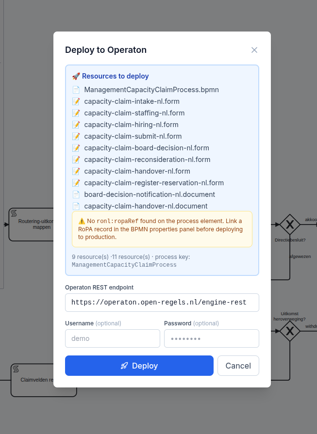 Screenshot: Deploy modal listing the HR-capacity bundle resources — ManagementCapacityClaimProcess.bpmn followed by eight capacity-claim-*.form files all with -nl suffixes and two -nl document files, an amber RoPA-missing warning, and the resource count line and Deploy button at the bottom — but no language-mismatch warning, indicating all artefacts are nl