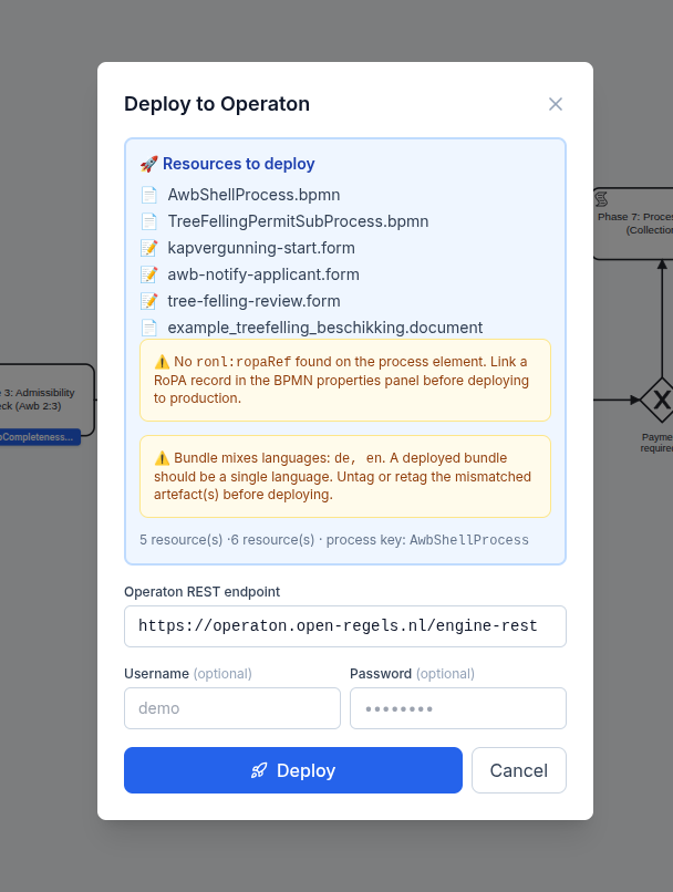 Screenshot: Deploy modal showing the resource list at the top with BPMN, form, and document files, followed by two amber warning panels stacked vertically — the first reads No ronl:ropaRef found on the process element, the second reads Bundle mixes languages: en, nl. A deployed bundle should be a single language. Untag or retag the mismatched artefacts before deploying. — followed by the resource count and the Deploy button