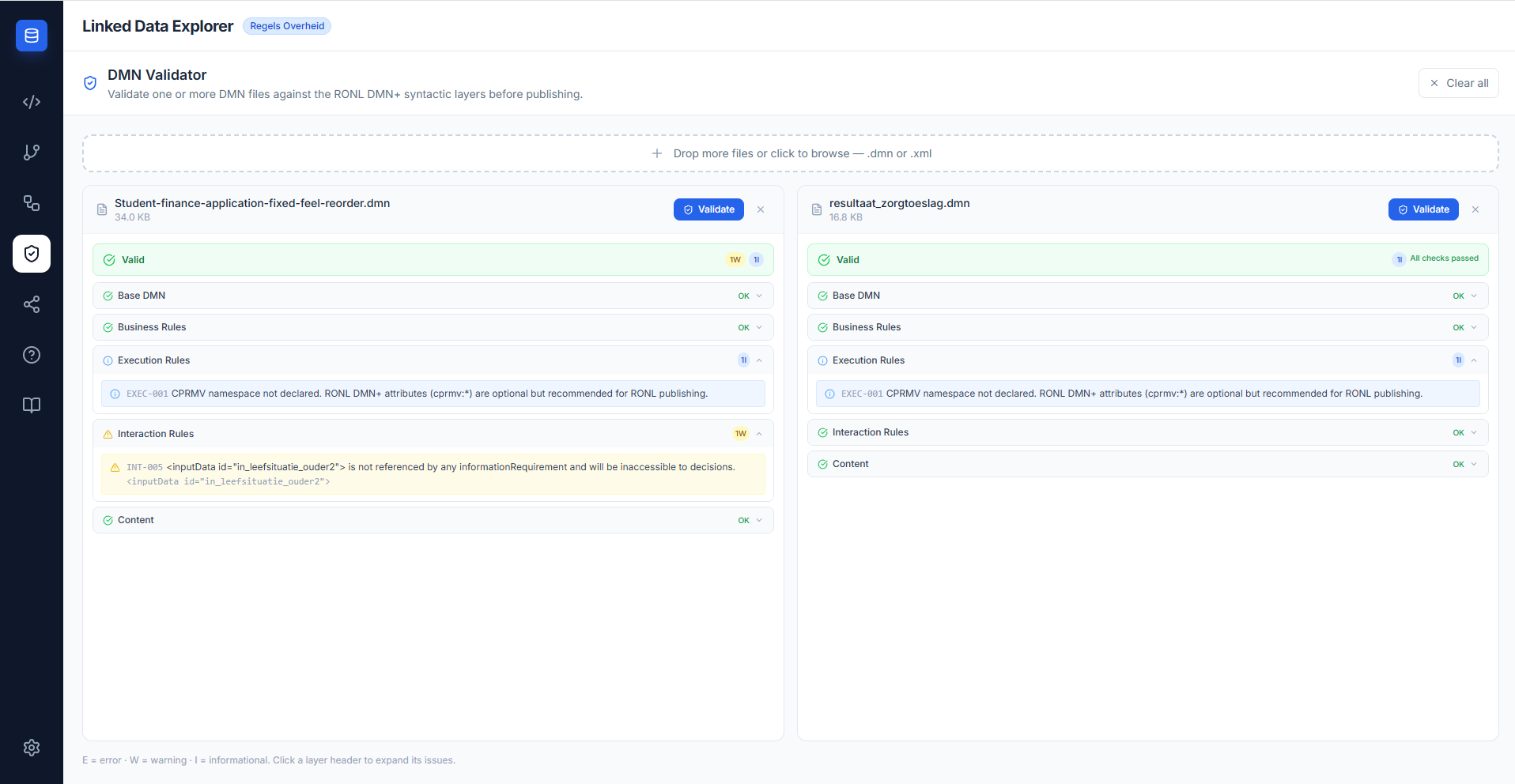 Screenshot: DMN Validator showing two files loaded side-by-side, one valid with warnings, one with an Interaction Rules error expanded