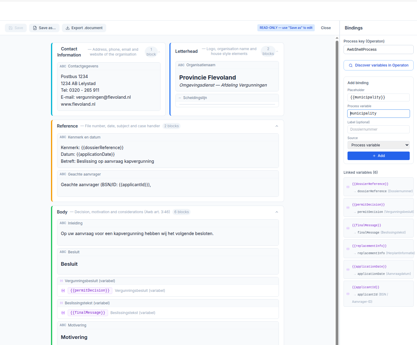 Screenshot: Bindings panel showing the process key field, Discover Variables button, discovered variable chips with type labels, and a filled binding form