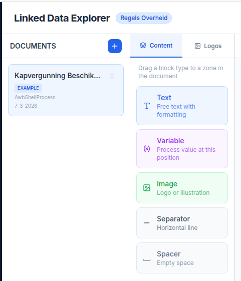 Screenshot: Left panel showing the Content library tab with the five block types — Rich text, Variable, Image, Separator, and Spacer — ready to be dragged
