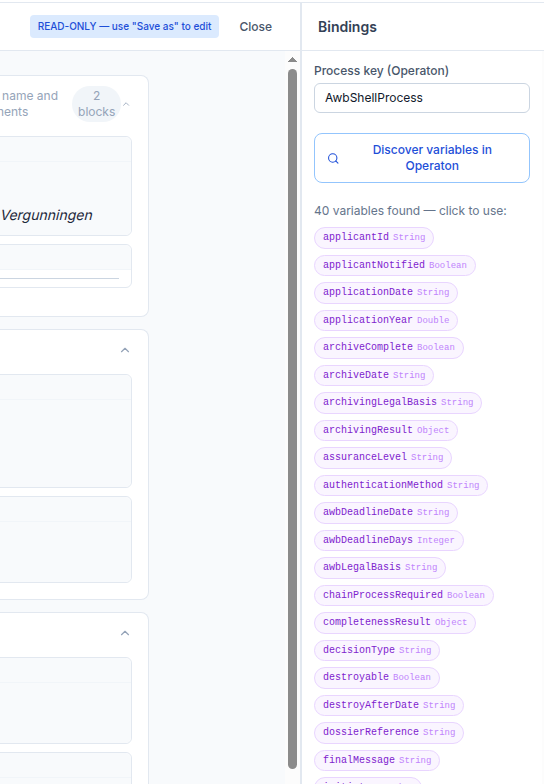 Screenshot: Bindings panel with AwbShellProcess entered in the process key field and several discovered variable chips displayed below the Discover Variables button
