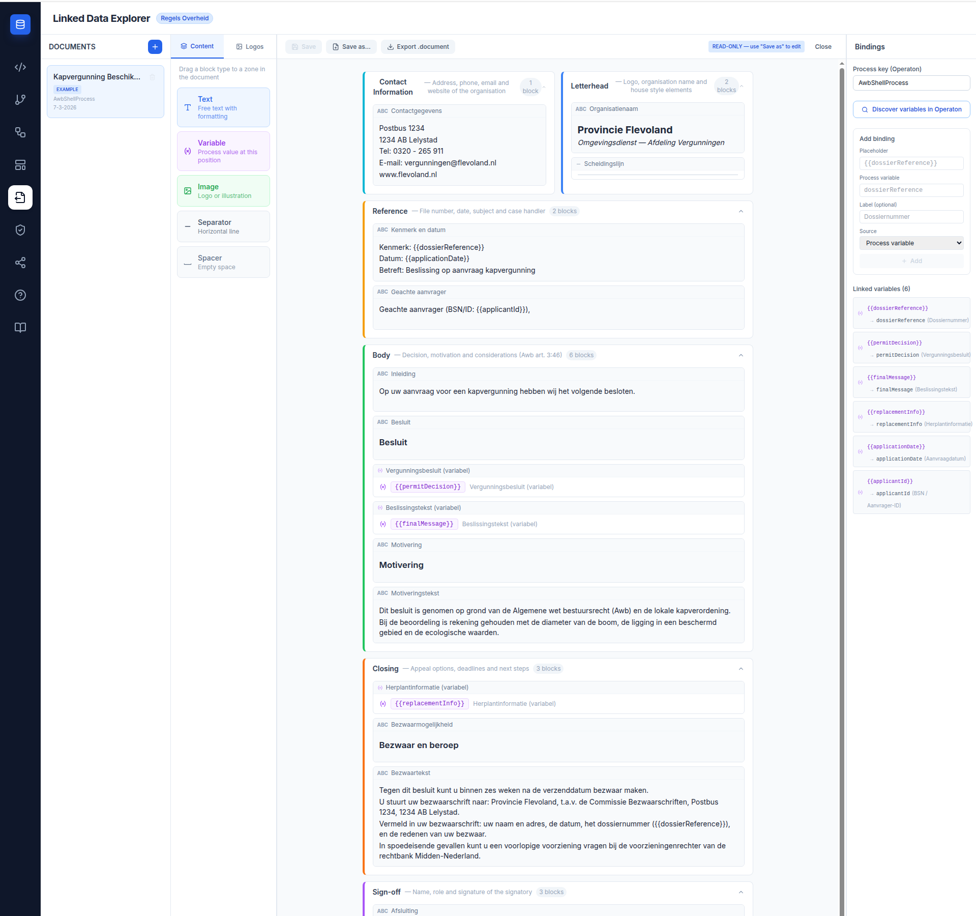 Screenshot: Document Composer three-panel layout — document list on the left, zone canvas in the centre, and the Bindings panel on the right with the Kapvergunning Beschikking example open