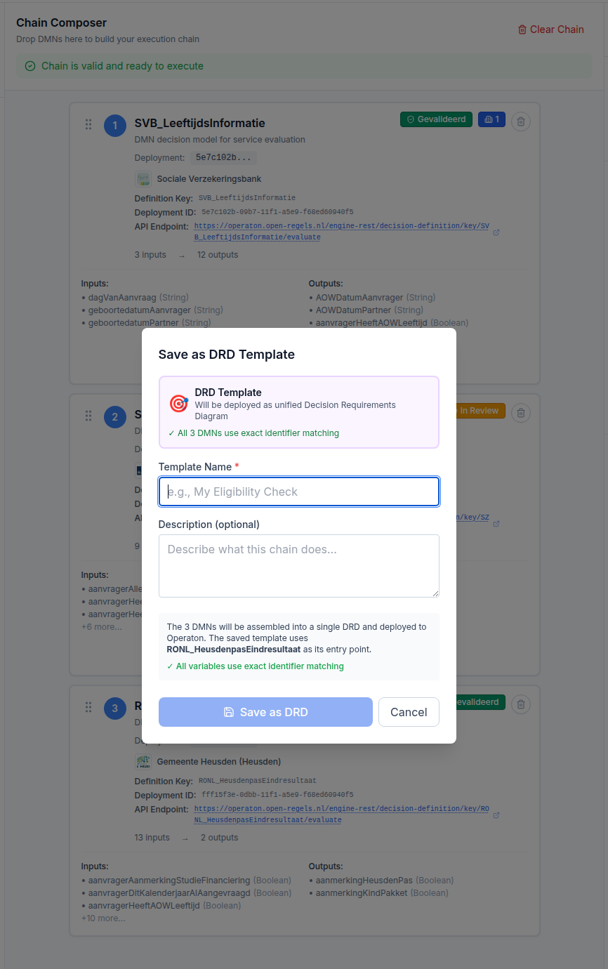 Screenshot: Save as DRD Template modal showing chain composition and DRD badge