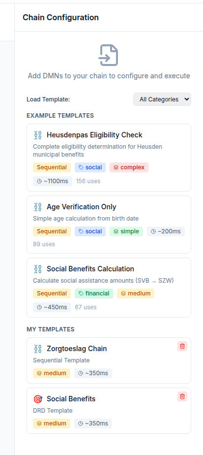 Screenshot: My Templates panel showing a saved DRD template with the DRD badge alongside a sequential template