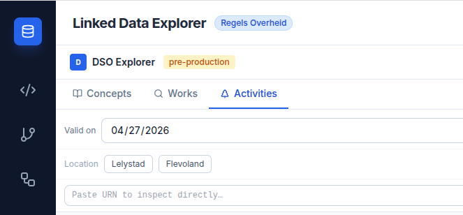 Screenshot: DSO Explorer header showing the environment badge — amber pill with text Pre-production next to the panel title, plus the cog icon that opens the Settings panel