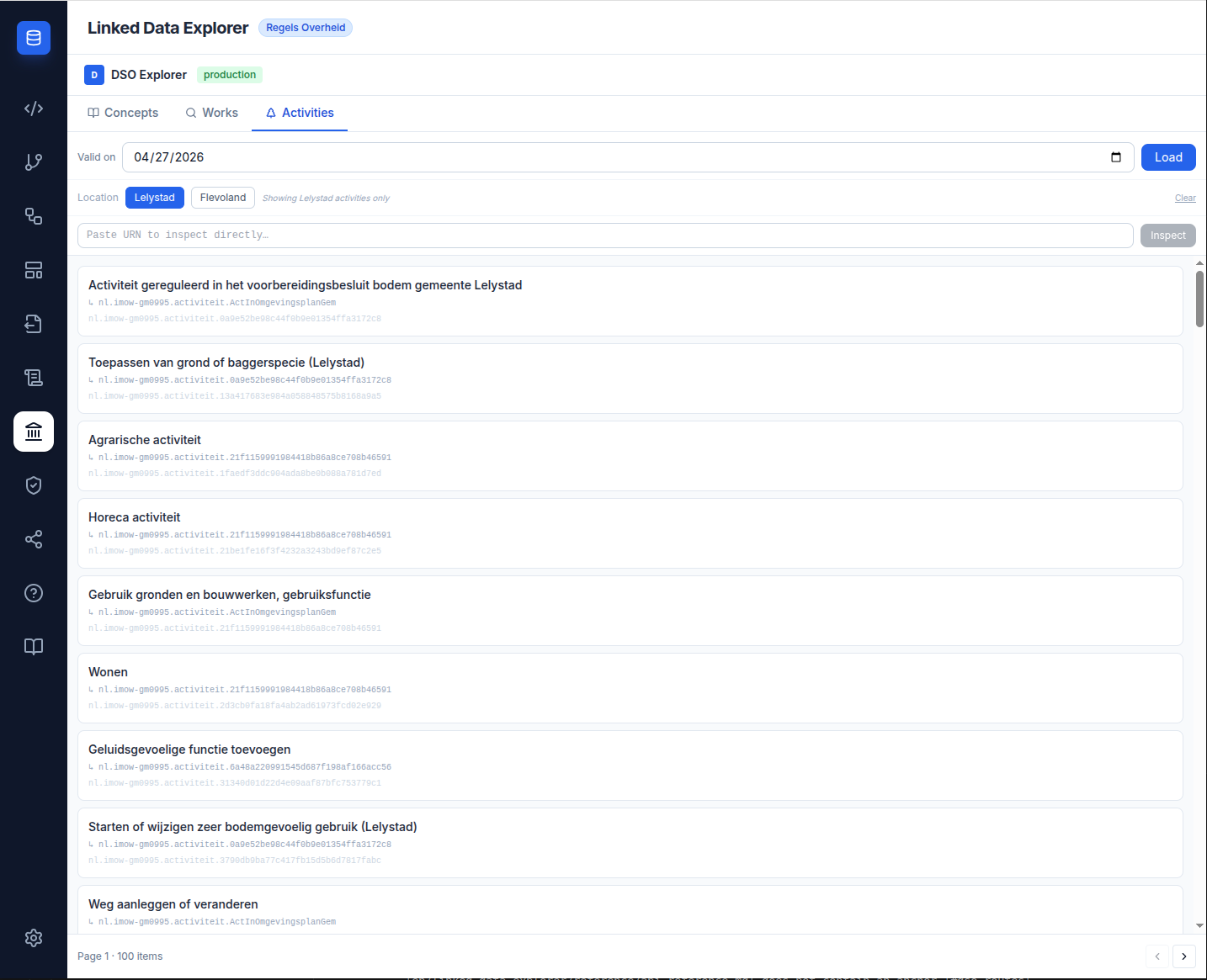 Screenshot: DSO Explorer panel open in LDE with the three tabs visible at the top — Concepts, Works, Activities — the Activities tab active showing a list of activiteiten with omschrijving, validity dates, and rule-types-present badges, plus a date input and authority preset dropdown above the list