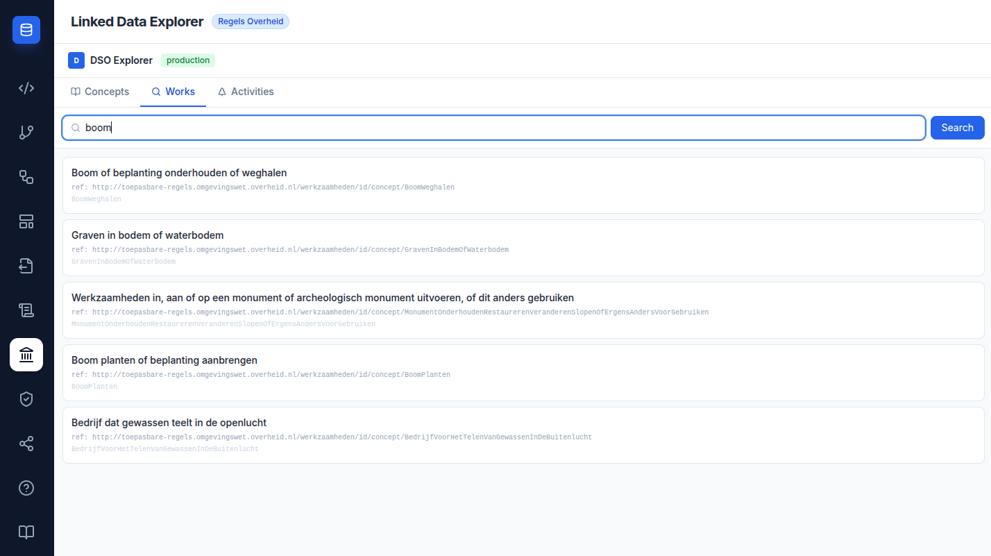 Screenshot: Works tab in the DSO Explorer with a search for boom in the search box, showing autocomplete suggestions in a dropdown, and below that a results list with multiple werkzaamheden cards — each showing the omschrijving, the ref URI line, and a short URN at the bottom