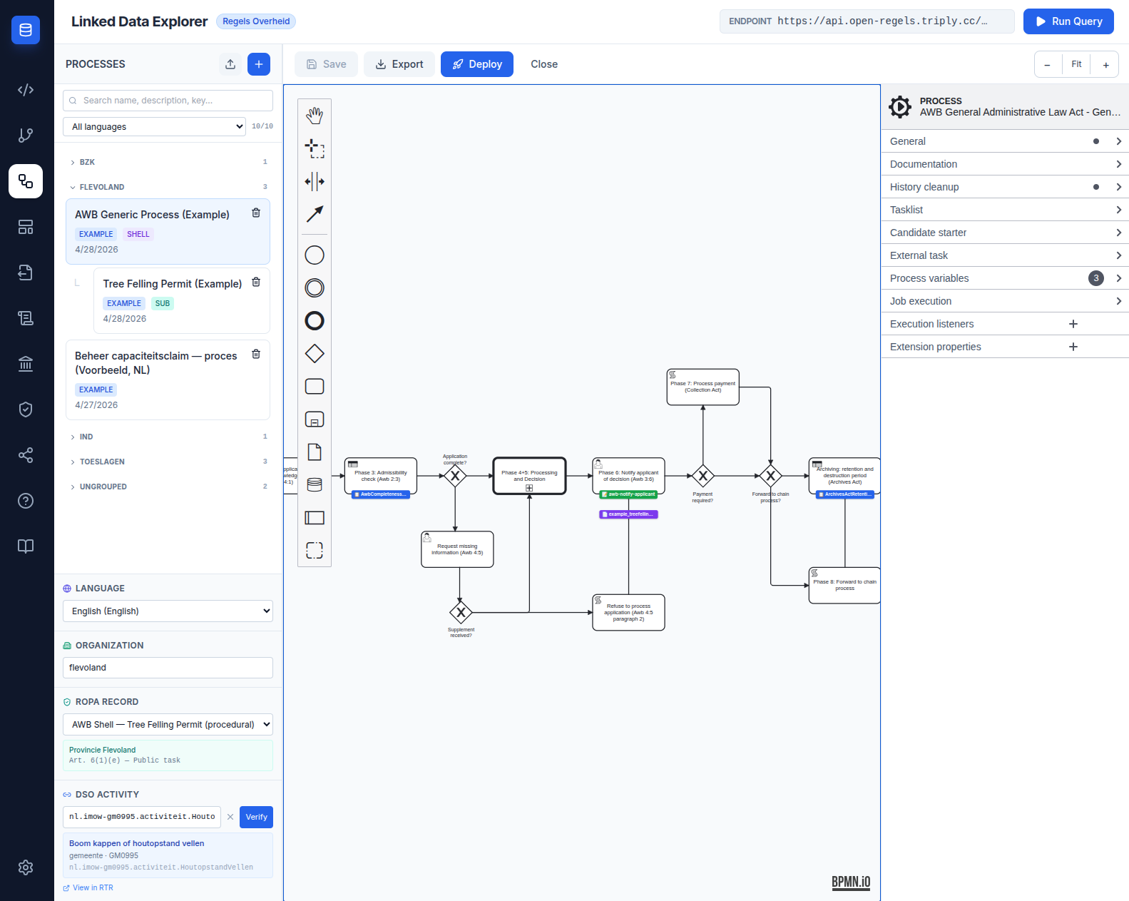 Screenshot: BPMN Modeler footer panel showing four stacked sections — Language with Dutch (Nederlands) selected, Organization with flevoland in the input, RoPA Record with a record selected, and DSO Activity with a verified URN — separated by thin slate borders