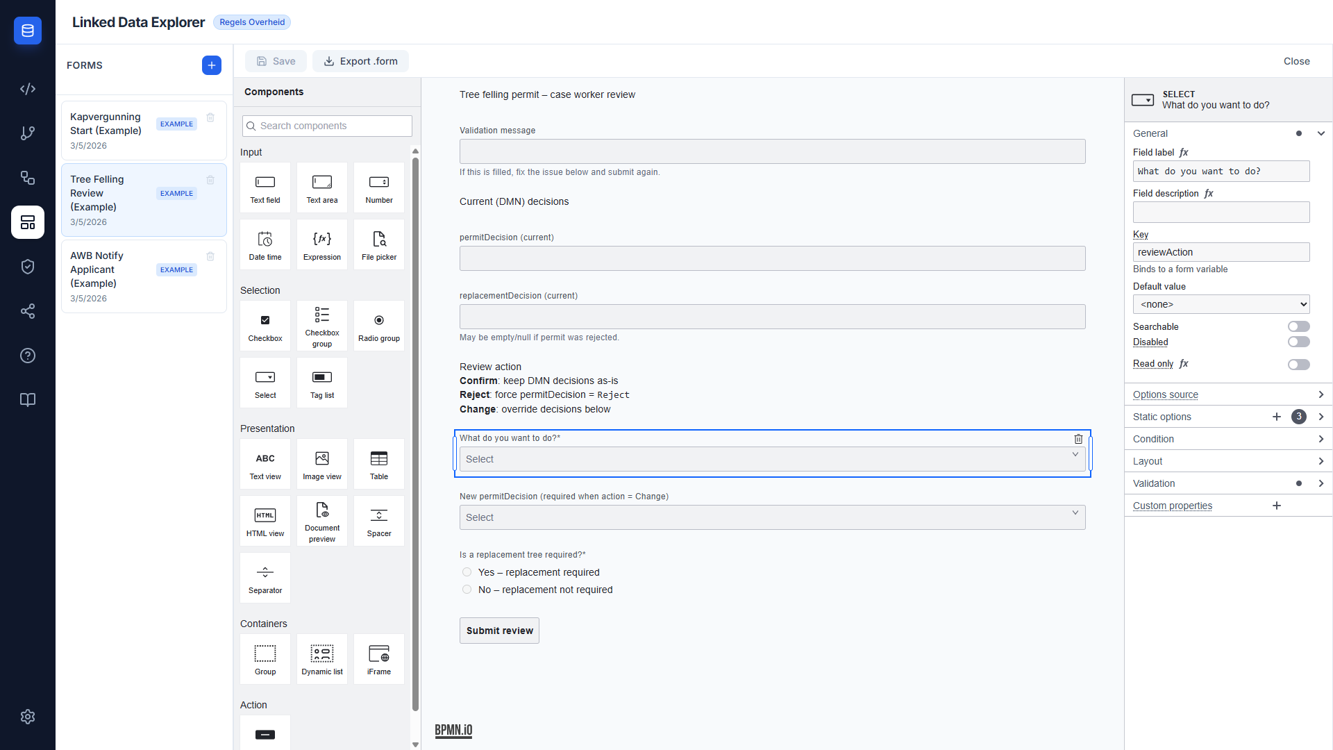 Screenshot: @bpmn-io/form-js editor canvas showing a form being edited with the component palette on the left and properties panel on the right