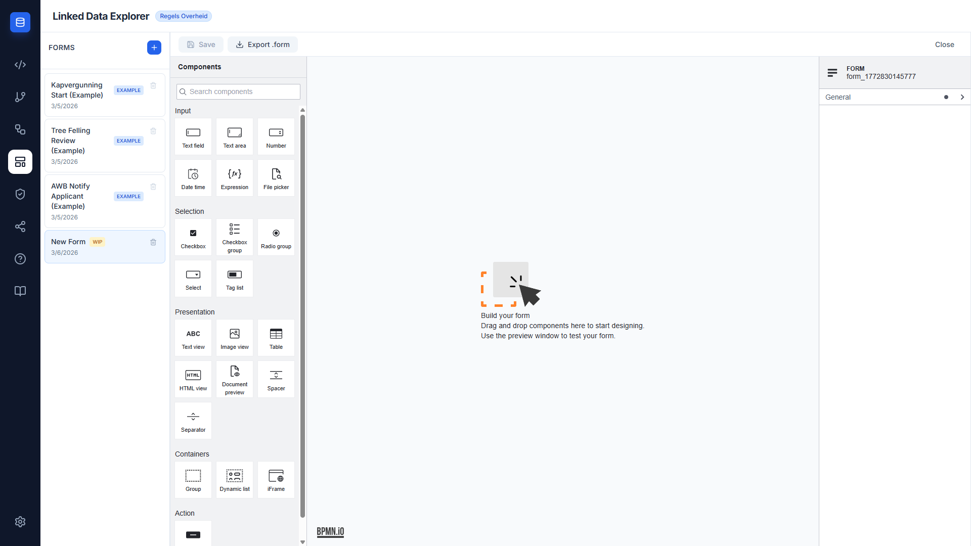Screenshot: Form list panel showing the three EXAMPLE forms and a WIP form, with badges clearly visible
