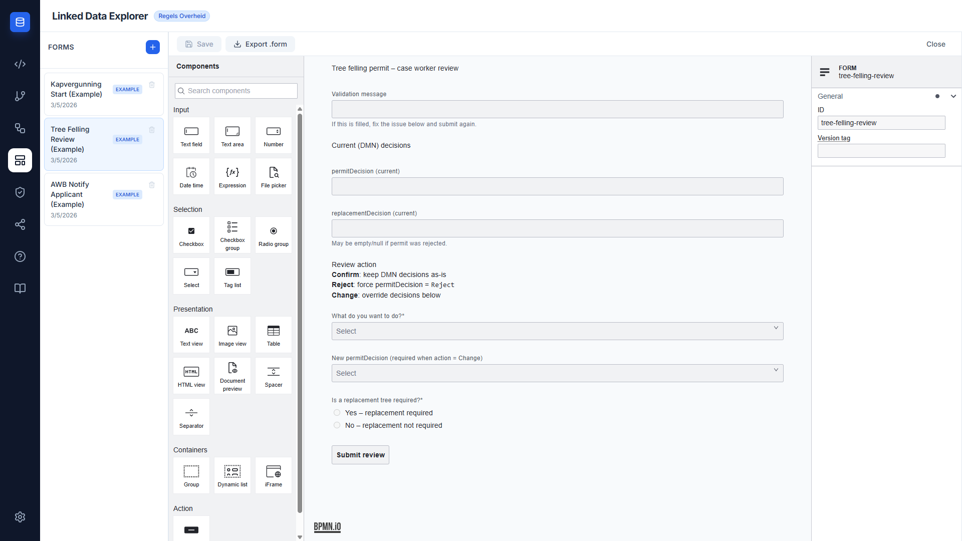 Screenshot: Form Editor showing the form list panel on the left and the @bpmn-io/form-js editor canvas on the right with the Kapvergunning Start example form open