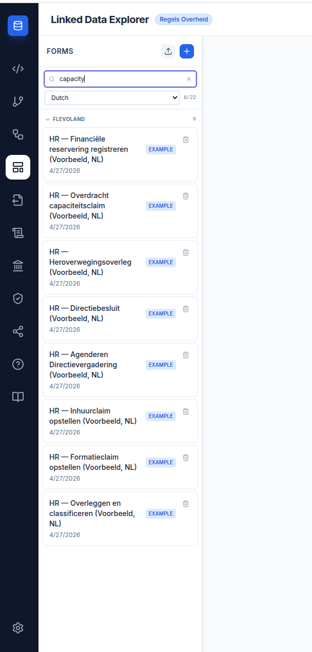Screenshot: Form list panel toolbar with the search box containing capacity, the language dropdown showing Dutch (Nederlands) selected, the match counter showing 8 of 17 to the right of the dropdown, and below the toolbar the FLEVOLAND group expanded showing eight HR Dutch form cards