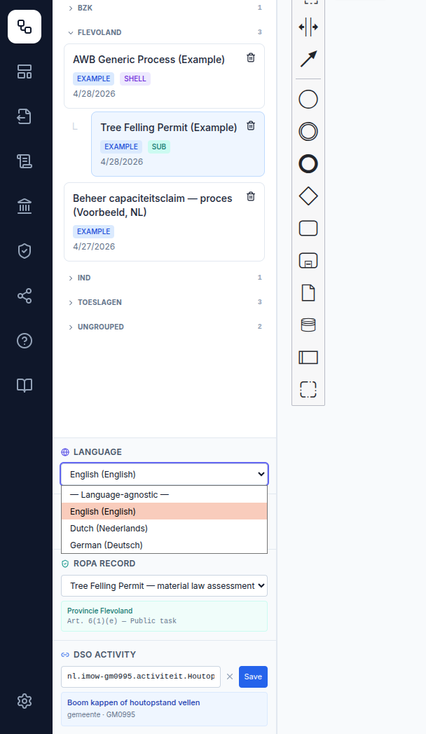 Screenshot: BPMN Modeler footer panel zoomed in showing the Language section open as a dropdown with the four options visible — Language-agnostic, English (English), Dutch (Nederlands), German (Deutsch) — and Dutch (Nederlands) about to be selected
