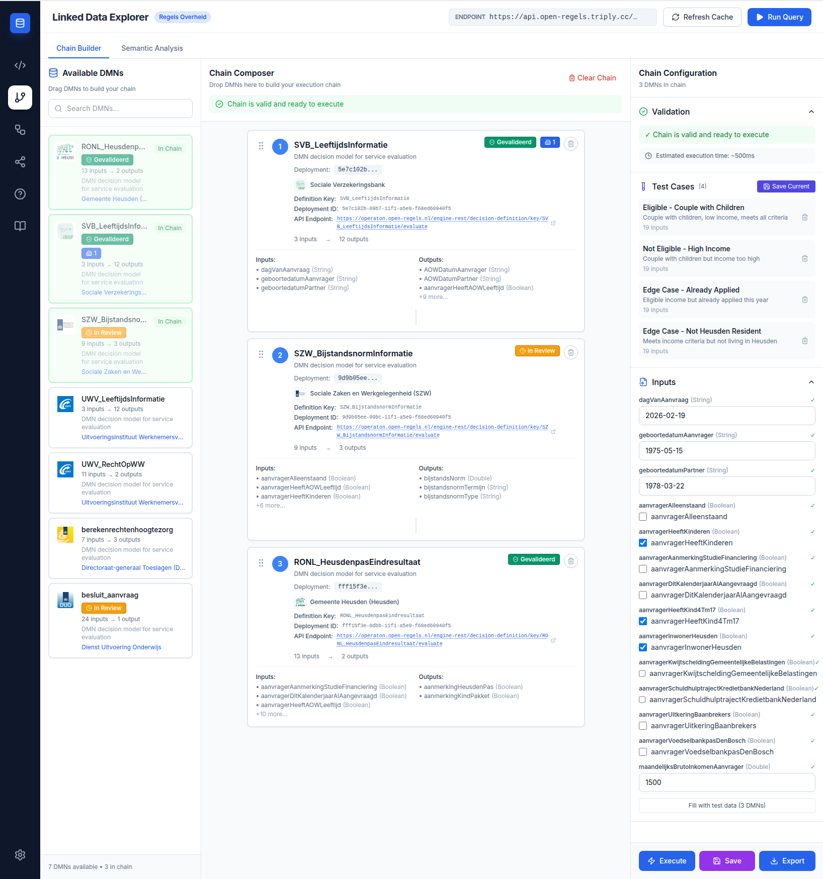 Screenshot: Linked Data Explorer main UI showing the Chain Builder with a loaded DMN chain