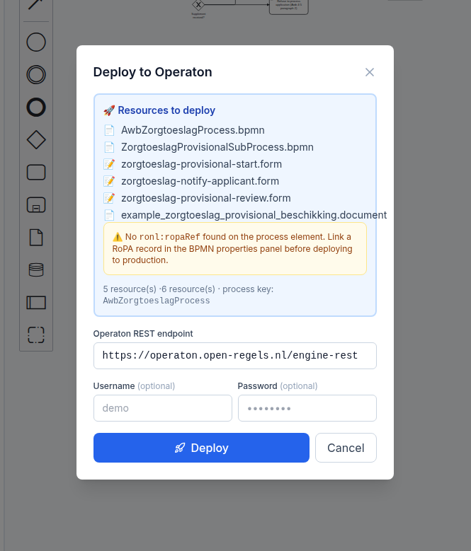 Screenshot: Deploy modal showing the resource list with BPMN and form files, followed by an amber warning panel reading No ronl:ropaRef found on the process element. Link a RoPA record in the BPMN properties panel before deploying to production.
