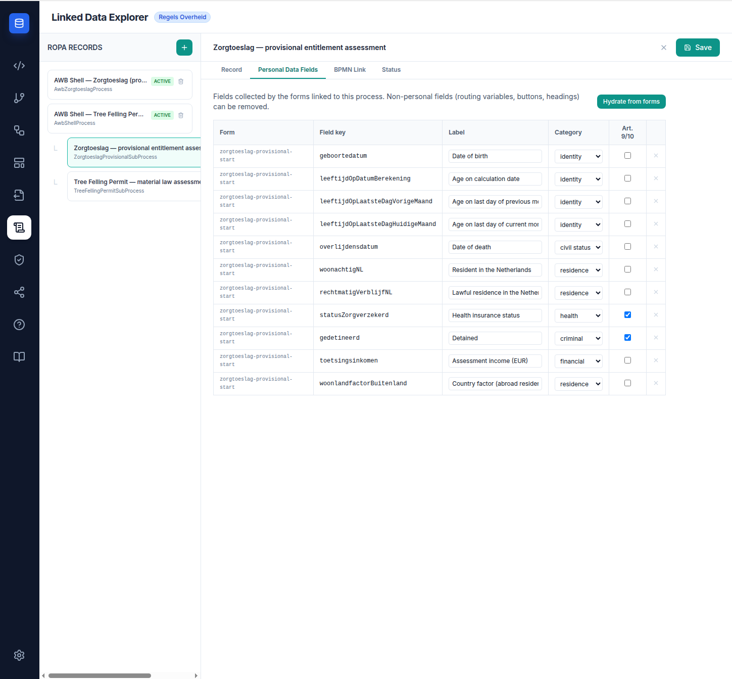 Screenshot: Personal Data Fields tab showing a table with columns for Form, Field key, Label, Category, and Art. 9/10, populated with the zorgtoeslag-provisional-start form fields including statusZorgverzekerd and gedetineerd marked as Art. 9/10 special categories