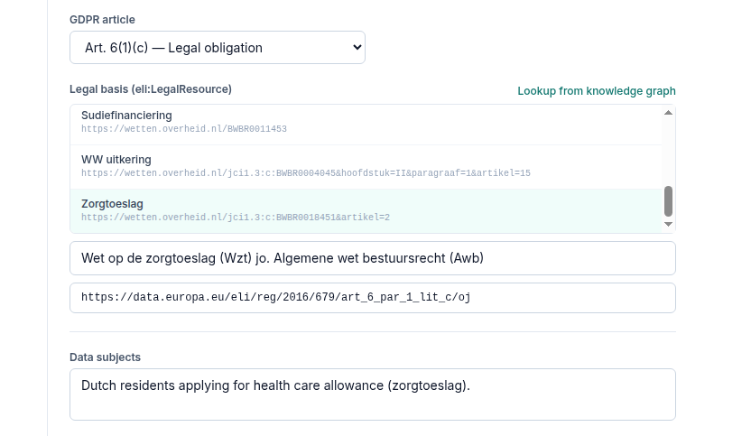Screenshot: Record tab showing the legal basis section with the Lookup button highlighted and a dropdown pick-list of legal resources below it, with Wet op de zorgtoeslag selected