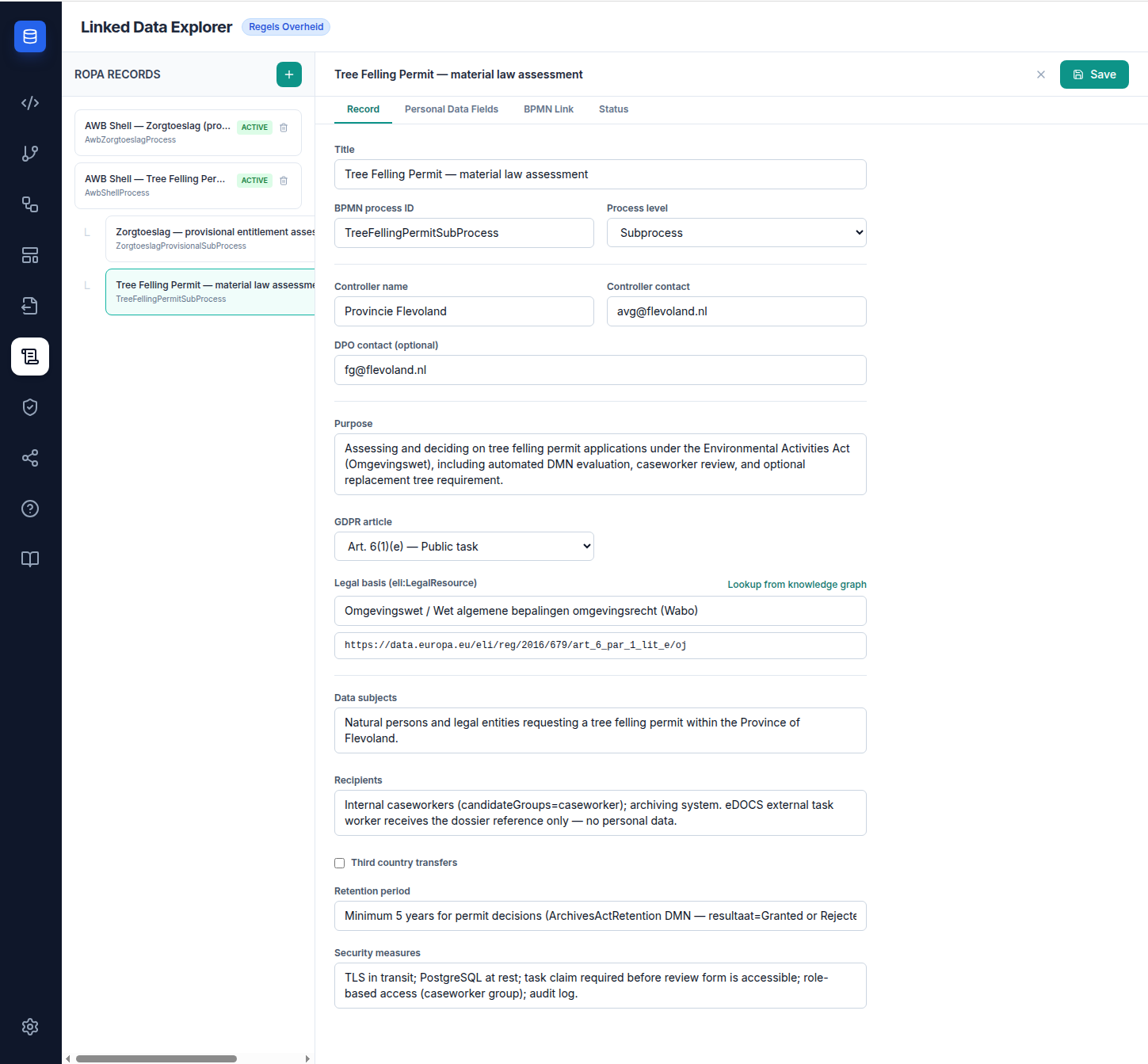 Screenshot: RoPA Records view showing the left panel list with four records grouped as two shells and two subprocesses, and the Record tab of the RopaRecordEditor open on the right with all GDPR Art. 30 fields filled in for the Tree Felling Permit subprocess